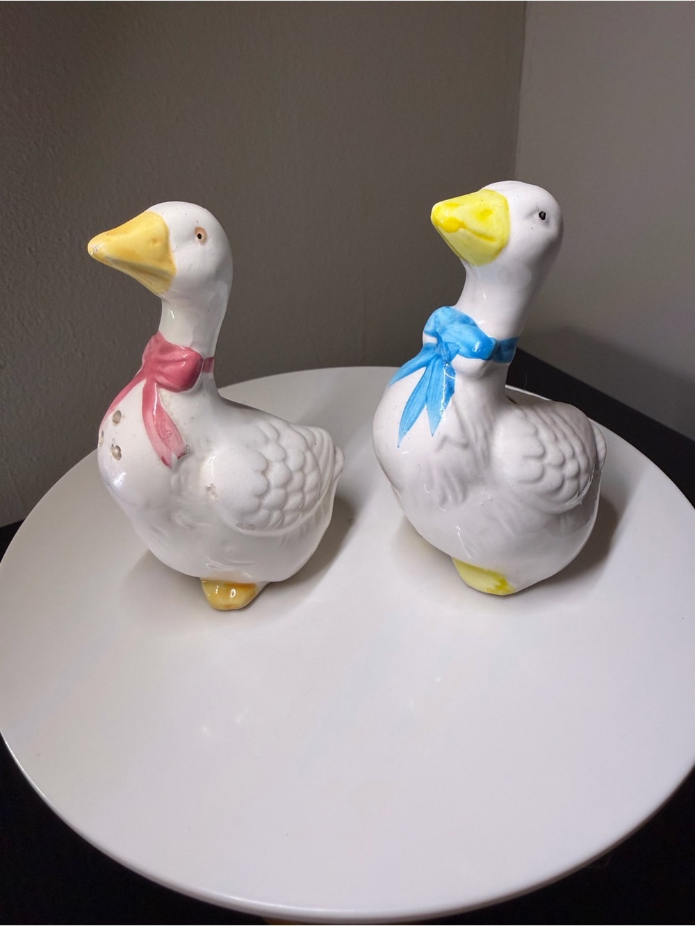 Vintage Ceramic Goose Salt and Pepper Shakers - Pink & Blue Bows